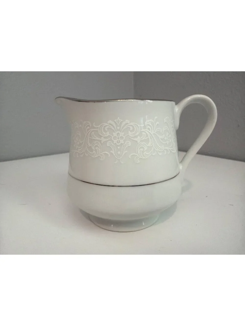 Vtg Rose China Creamer White Spanish Lace w/Silver Trim Classic Elegant Timeless